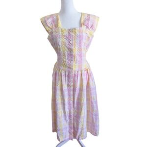 Warren Wear Vintage Gingham Seersucker Midi Dress Pink Yellow Medium
